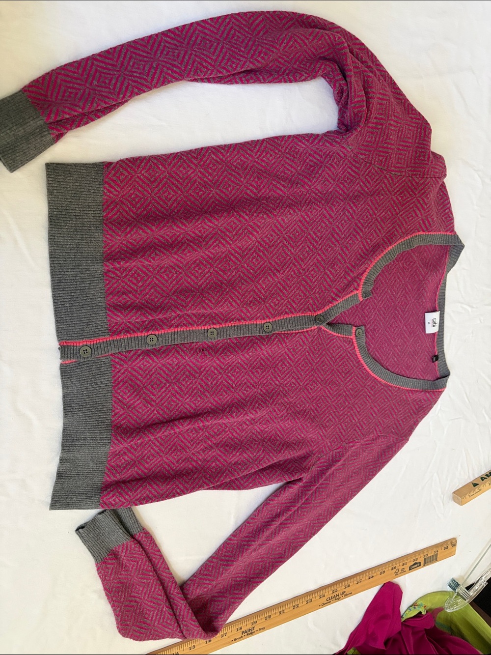 CAbi Women’s Pink Diamond-Pattern Cardigan Sweater with Gray Trim